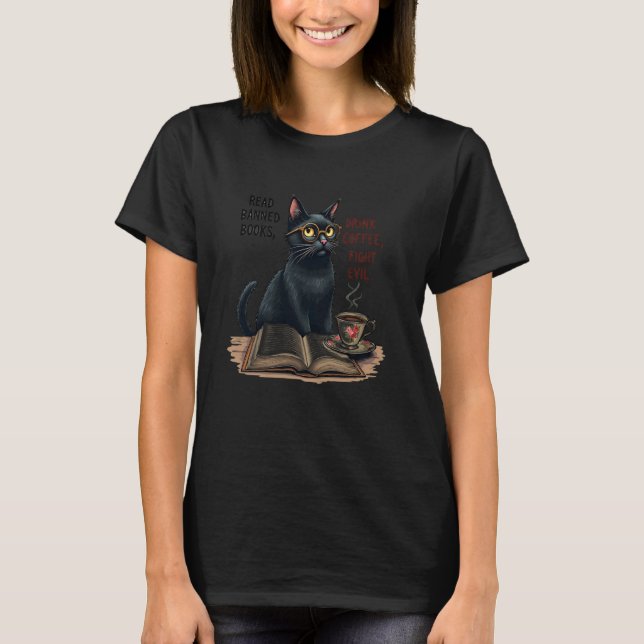 Banned Books Coffee Cat T-Shirt (Front)