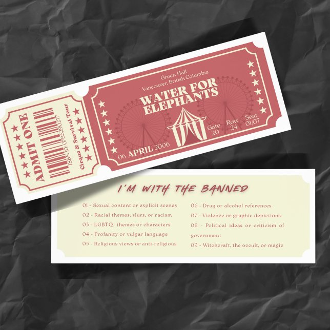 Banned Books Concert Water for Elephants Bookmarks (Creator Uploaded)