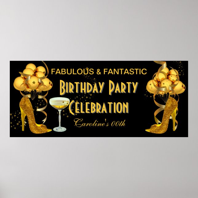 Banner Birthday Party Celebration Black Gold Poster (Front)