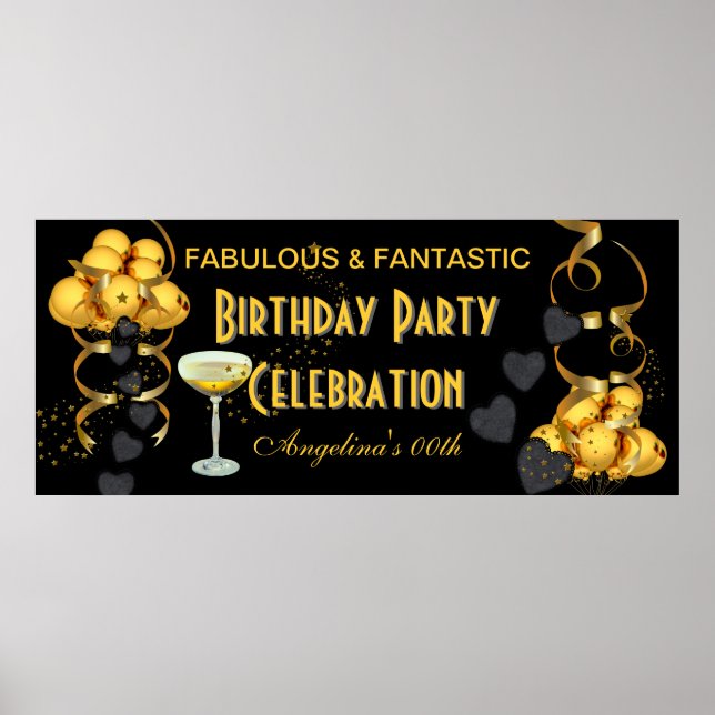 Banner Birthday Party Celebration Black Gold Poster (Front)