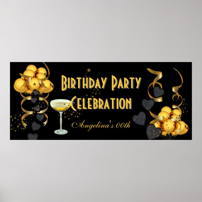 Banner Birthday Party Celebration Black Gold Poster (Front)