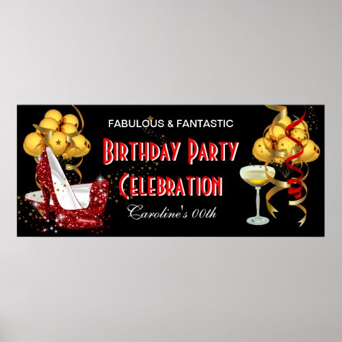 Banner Birthday Party Celebration Red Gold Poster