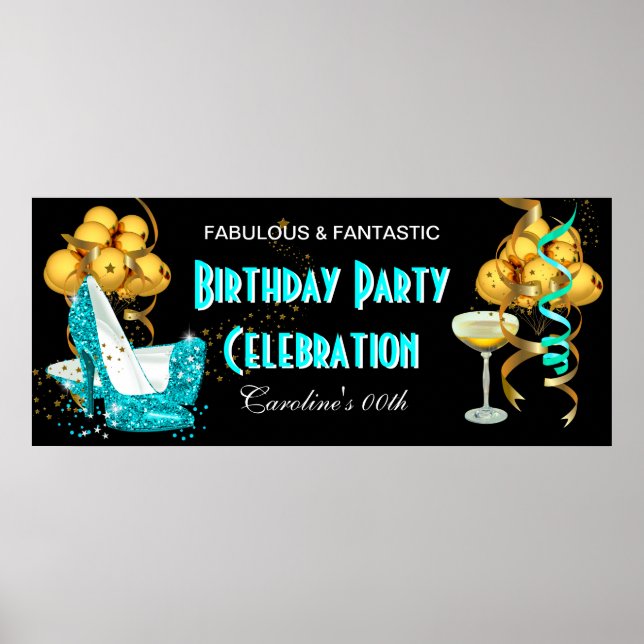 Banner Birthday Party Celebration Teal Blue Gold Poster (Front)