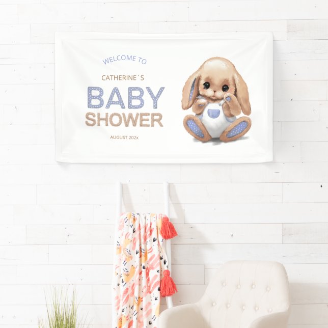 Banner for baby shower with cute plush bunny. (Insitu)