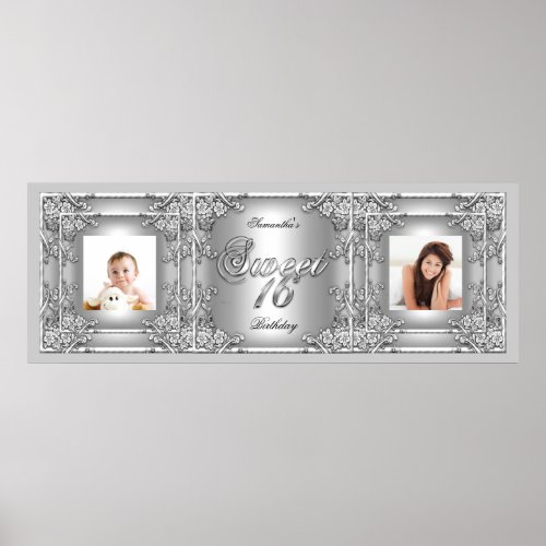 Banner Photo Sweet 16 Party Silver Floral Poster