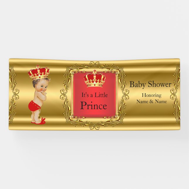 Banner Prince Baby Shower Red Gold Brunette Boy (Horizontal)
