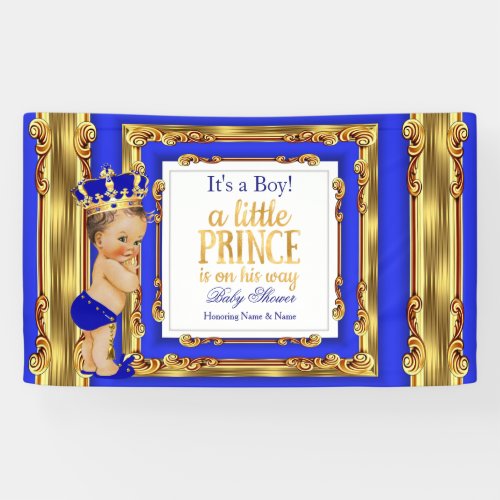 Banner Prince Baby Shower Royal Blue Gold Brunette