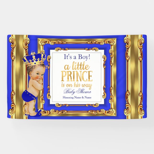 Banner Prince Baby Shower Royal Blue Gold Brunette (Horizontal)