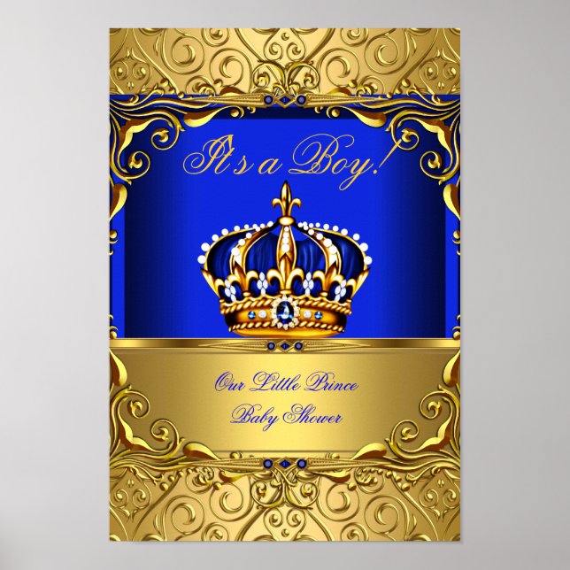 Banner Prince Boy Baby Shower Blue Gold Crown Poster (Front)