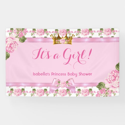 Banner Princess Baby Shower Pink Roses Gold Crown