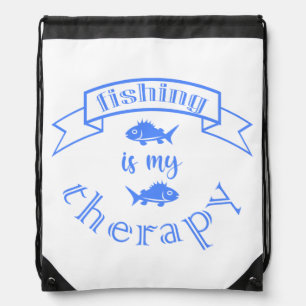 Banner ribbon quote Fishing is my therapy Drawstring Bag