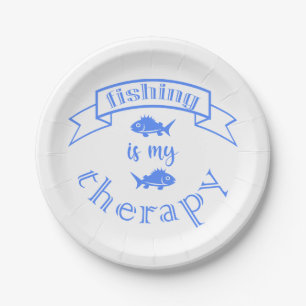 Banner ribbon quote Fishing is my therapy Paper Plates
