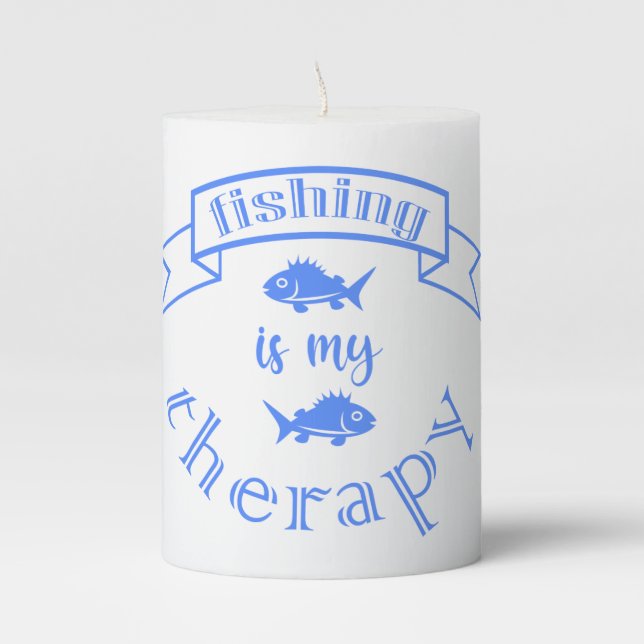 Banner ribbon quote Fishing is my therapy Pillar Candle (Front)