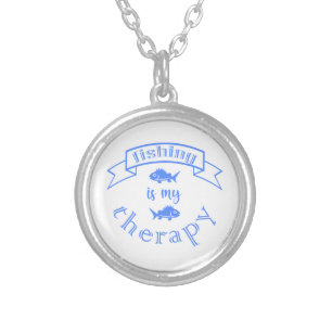 Banner ribbon quote Fishing is my therapy Silver Plated Necklace
