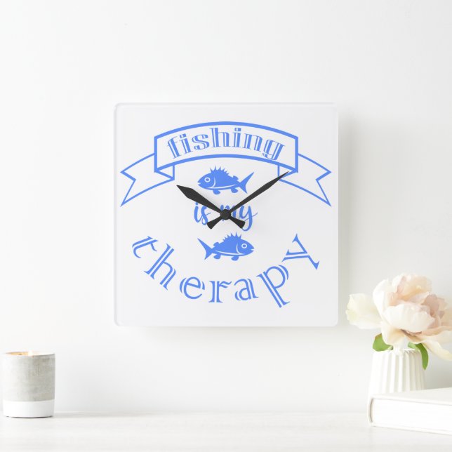 Banner ribbon quote Fishing is my therapy Square Wall Clock (Home)