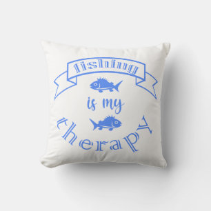 Banner ribbon quote Fishing is my therapy Throw Pillow