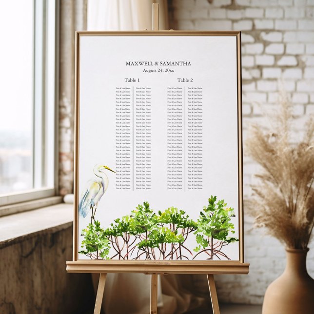 Banquet Florida Theme Wedding Seating Chart Foam Board (Destination wedding seating chart banquet tables Florida mangroves & great white heron DoTellABelle)