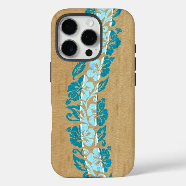 Banyans Hawaiian Hibiscus Faux Wood Surfboard Teal Case-Mate iPhone Case (Back)