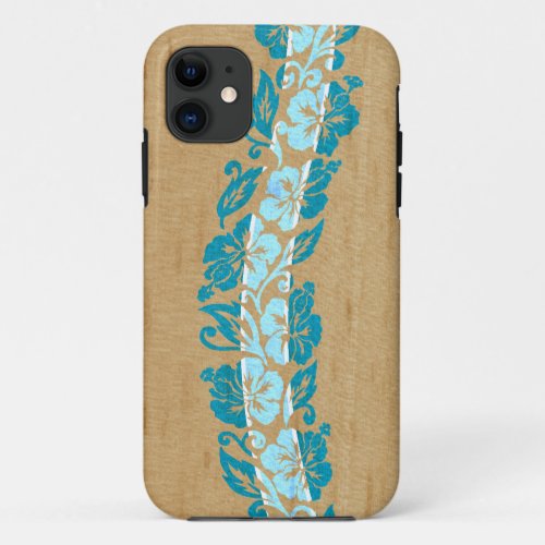 Banyans Hawaiian Hibiscus Faux Wood Surfboard Teal iPhone 11 Case