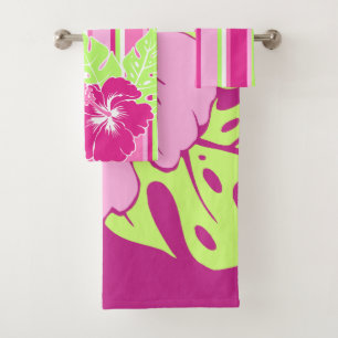 Banzai Beach Hawaiian Hibiscus Floral and Stripe Bath Towel Set