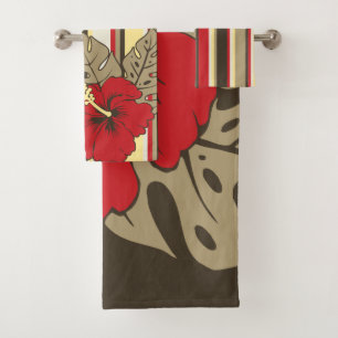 Banzai Beach Hawaiian Hibiscus Floral and Stripe Bath Towel Set