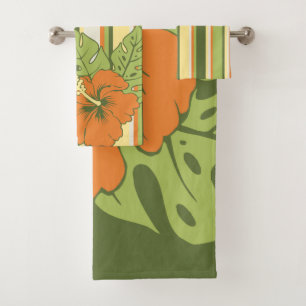Banzai Beach Hawaiian Hibiscus Floral and Stripe Bath Towel Set