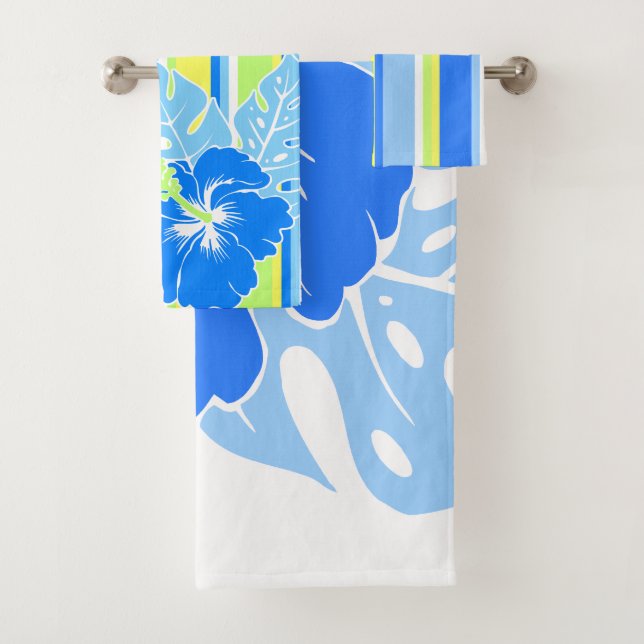 Banzai Beach Hawaiian Hibiscus Floral and Stripe Bath Towel Set (Insitu)