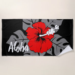 Banzai Beach Hawaiian Hibiscus Floral - Black Beach Towel