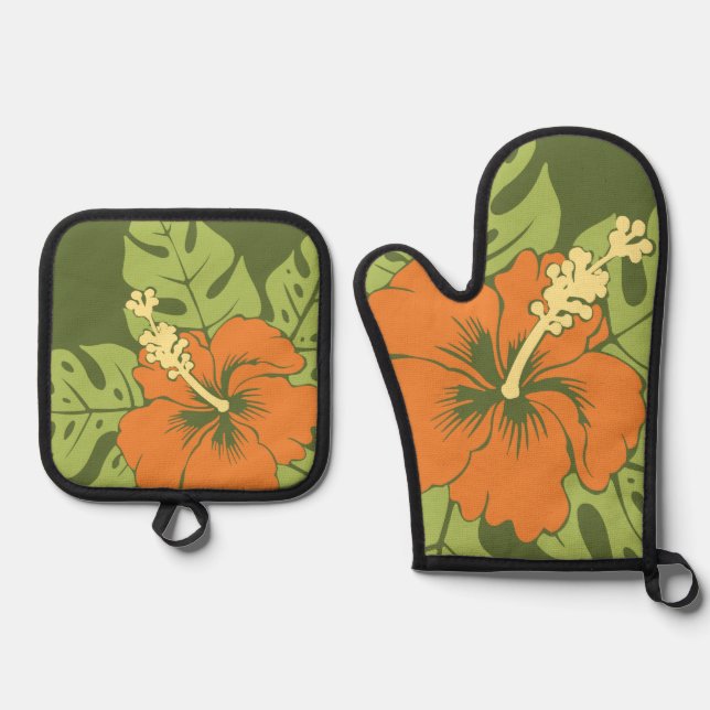 Banzai Beach Hawaiian Hibiscus Floral Olive Green Oven Mitt & Pot Holder Set (Front)