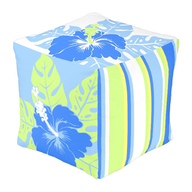 Banzai Beach Hawaiian Hibiscus Reversible Pouf (Angled Front)