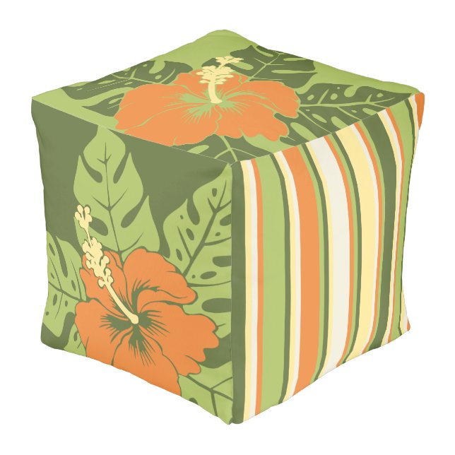 Banzai Beach Hawaiian Hibiscus Reversible Pouf (Angled Front)