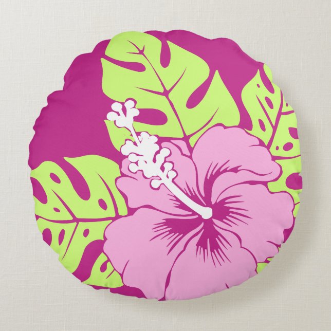 Banzai Beach Hawaiian Hibiscus Reversible Round Pillow (Front)