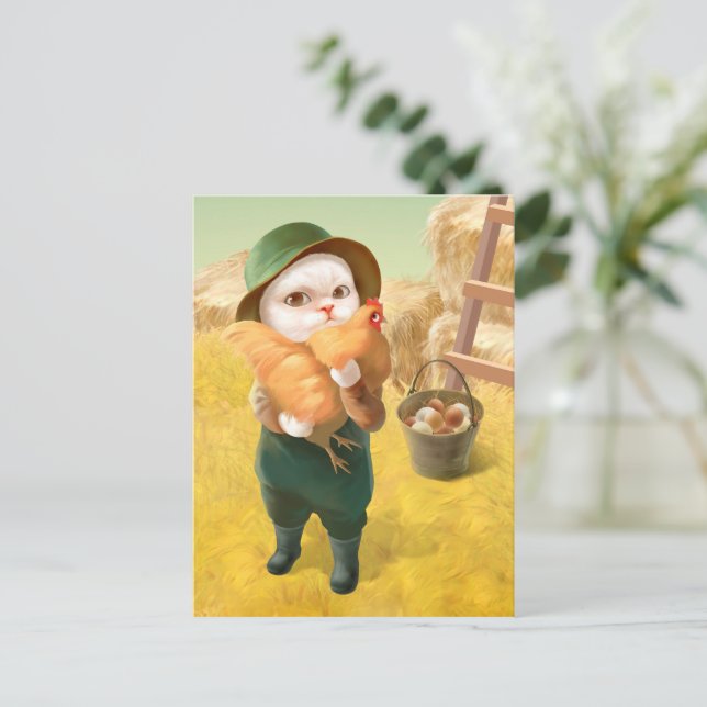 Bao Bao: Cute Farmer Cat & Hen Harvest Announcement Postcard (Standing Front)