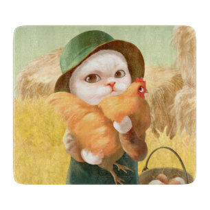 Bao Bao: Cute Farmer Cat & Hen Harvest Cutting Board