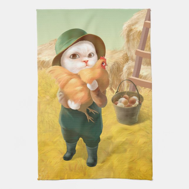 Bao Bao: Cute Farmer Cat & Hen Harvest Kitchen Towel (Vertical)