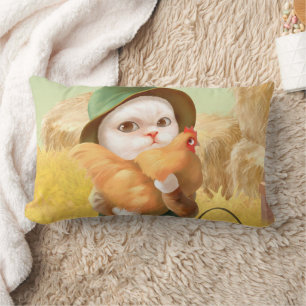 Bao Bao: Cute Farmer Cat & Hen Harvest Lumbar Pillow
