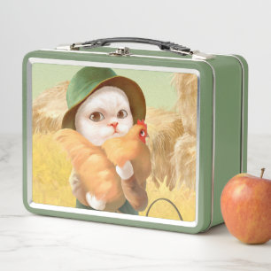 Bao Bao: Cute Farmer Cat & Hen Harvest Metal Lunch Box