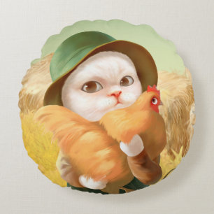 Bao Bao: Cute Farmer Cat & Hen Harvest Round Pillow