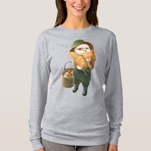 Bao Bao: Cute Farmer Cat & Hen Harvest T-Shirt (Front)