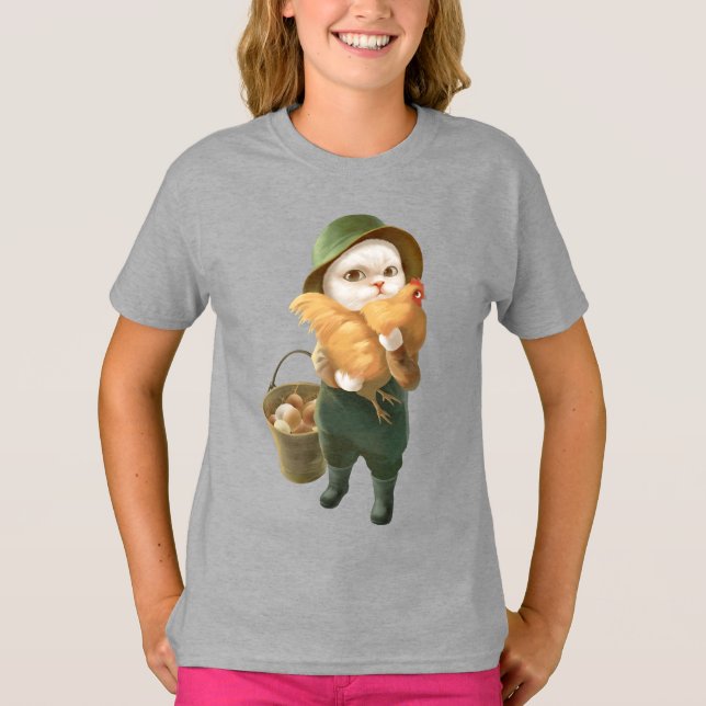 Bao Bao: Cute Farmer Cat & Hen Harvest T-Shirt (Front)