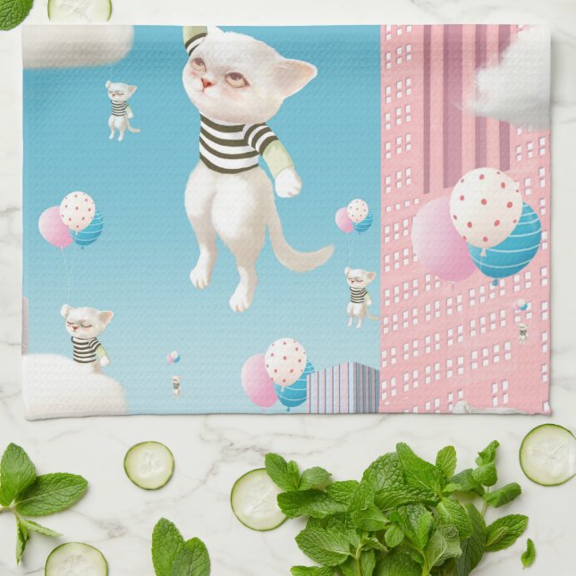 Bao Bao: Skyward Bound Kittens Balloon Fantasy Kitchen Towel (Folded)