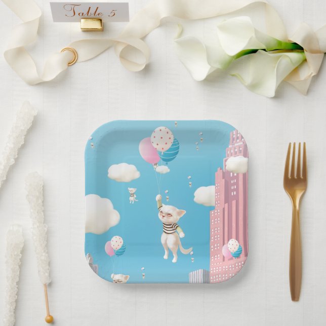 Bao Bao: Skyward Bound Kittens Balloon Fantasy Paper Plates (Wedding)