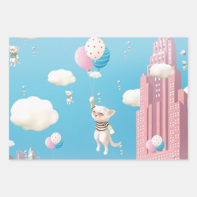 Bao Bao: Skyward Bound Kittens Balloon Fantasy Wrapping Paper Sheets (Front)