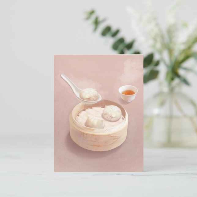 Bao Buddies: Cute Cat Dumplings in Steamer Announcement Postcard (Standing Front)