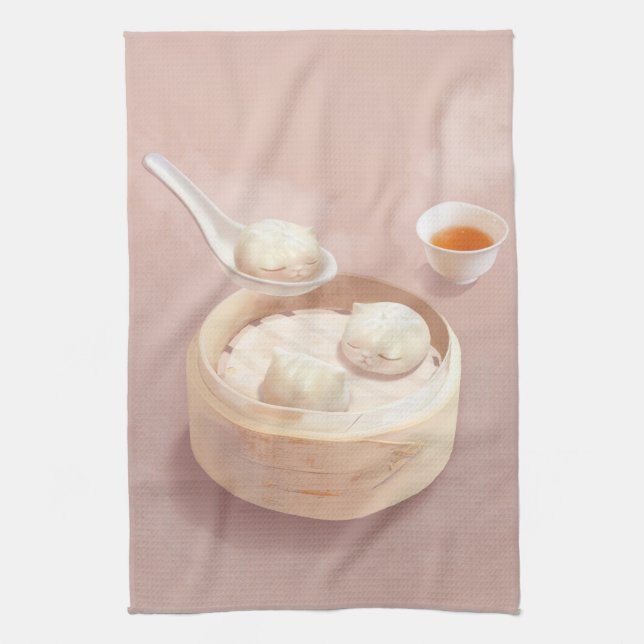 Bao Buddies: Cute Cat Dumplings in Steamer Kitchen Towel (Vertical)