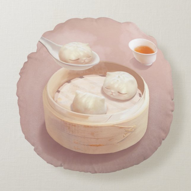 Bao Buddies: Cute Cat Dumplings in Steamer Round Pillow (Front)