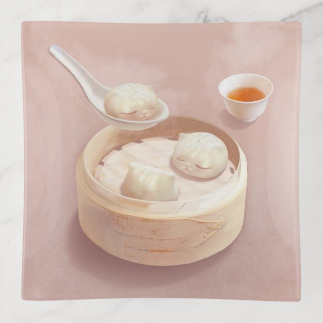 Bao Buddies: Cute Cat Dumplings in Steamer Trinket Tray (Front)