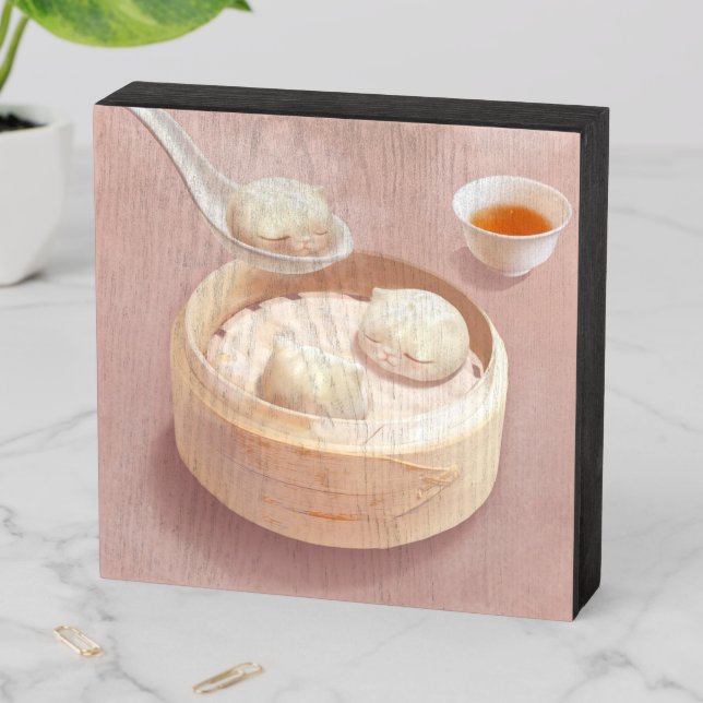 Bao Buddies: Cute Cat Dumplings in Steamer Wooden Box Sign (In Situ Horizontal)