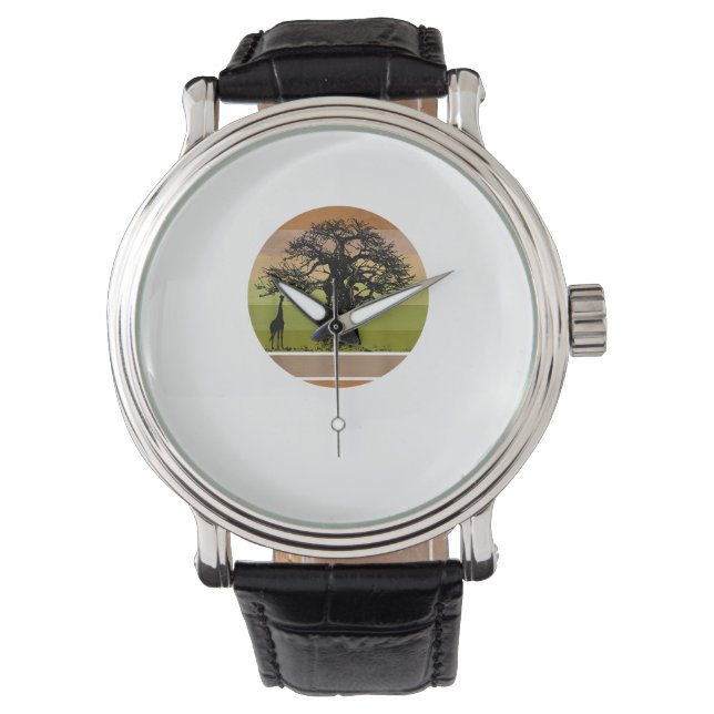 Baobab Tree and Giraffe Retro African Sunset  Watch (Front)