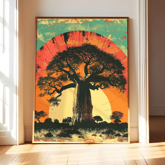 Baobab Tree Poster Art Print, Vintage Retro Landma